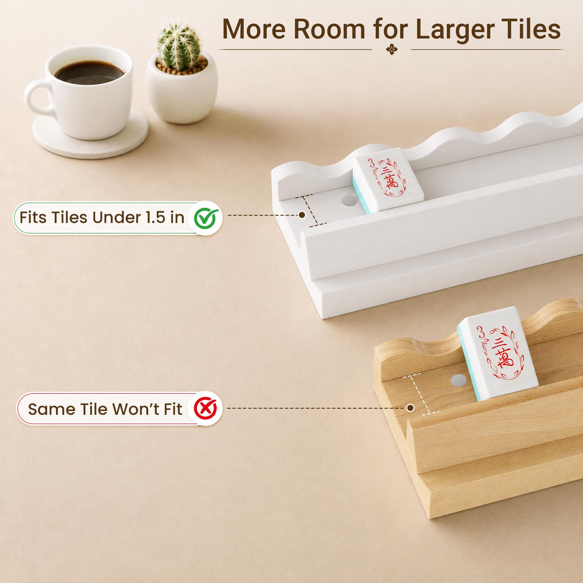 White Scalloped Wooden Mahjong Racks with Pushers Set of 4 T664432
