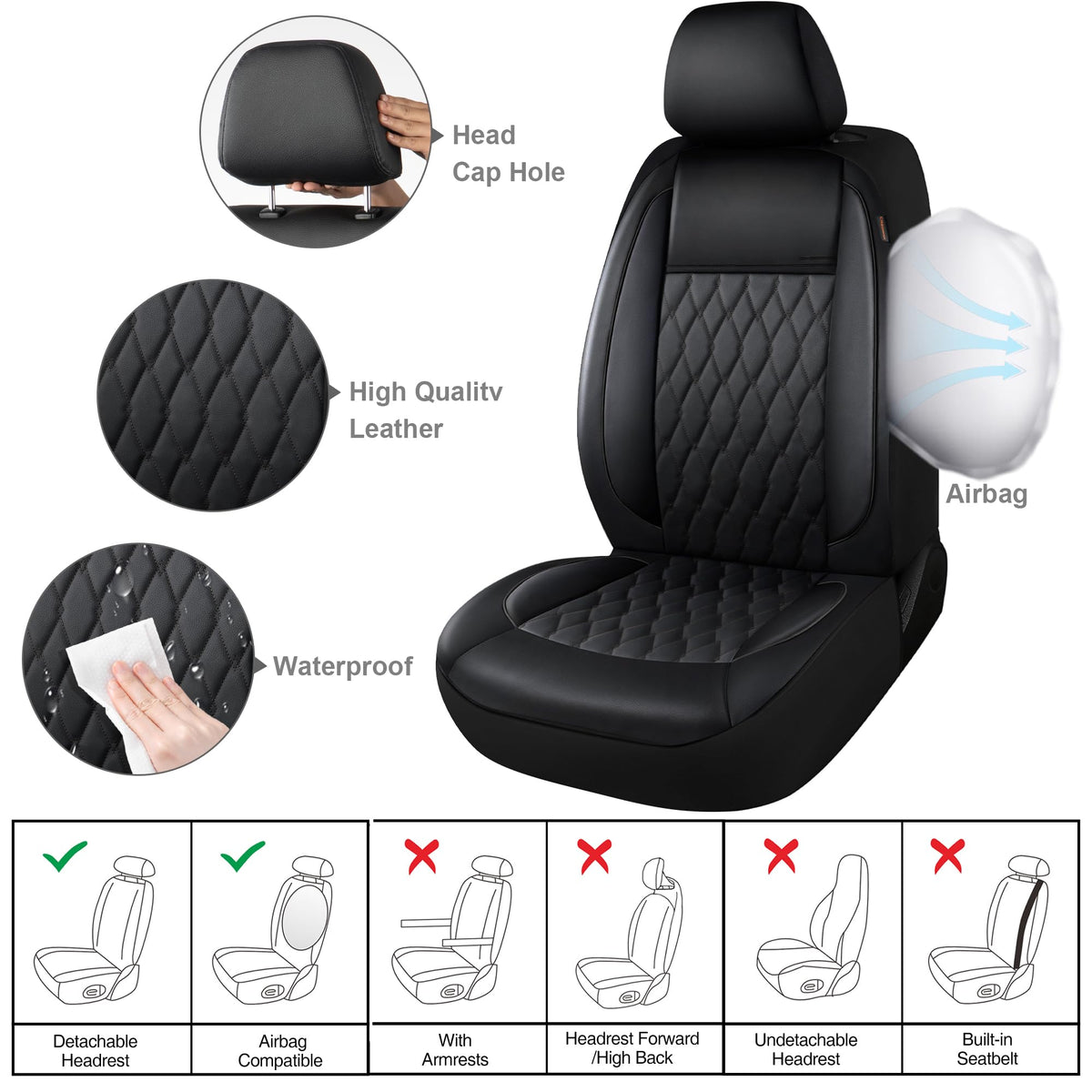 Faux Leather Car Seat Covers Full Set 5-Seat Black A298
