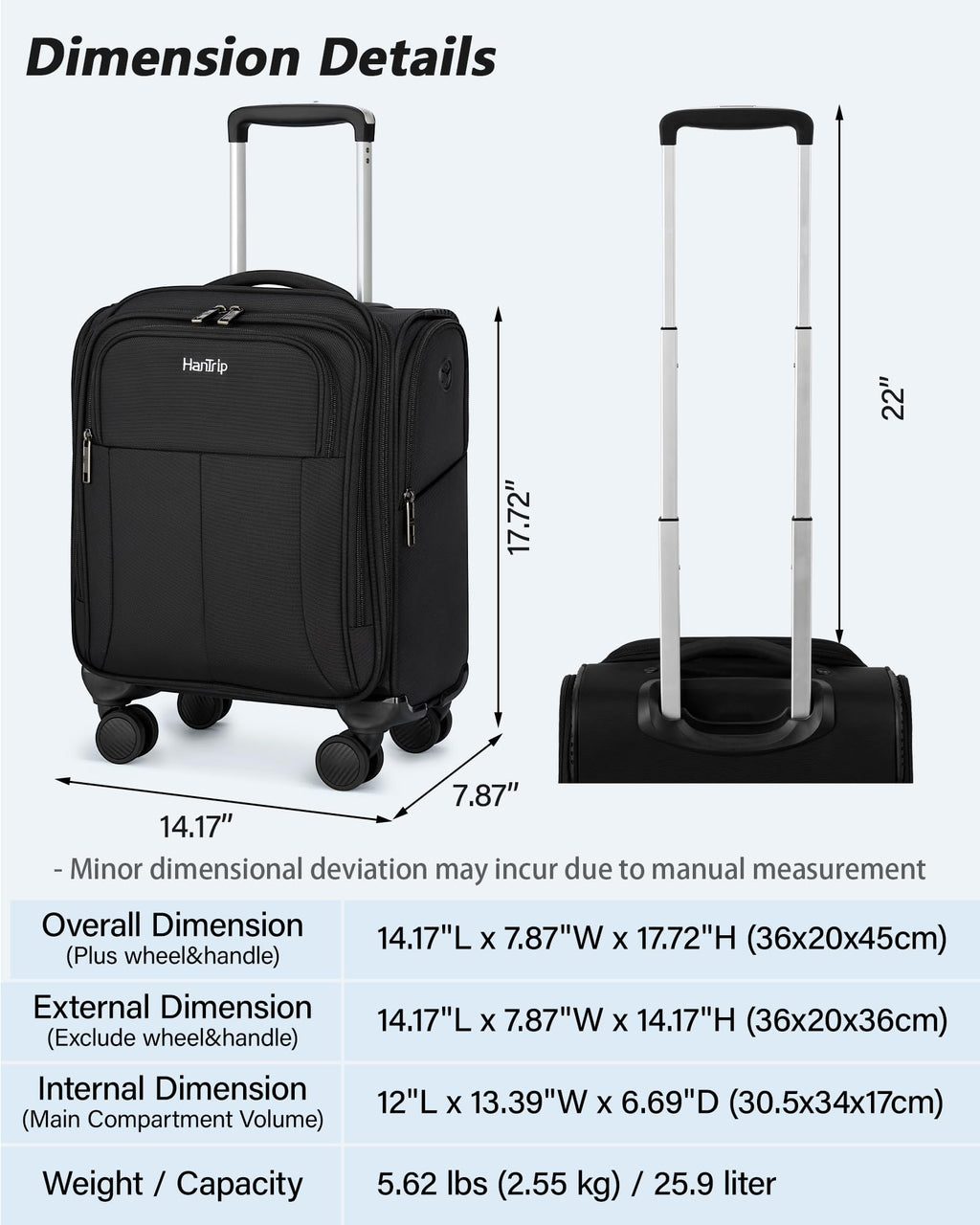 16 Inch Underseat Carry On Luggage with Spinner Wheels, Black T2657