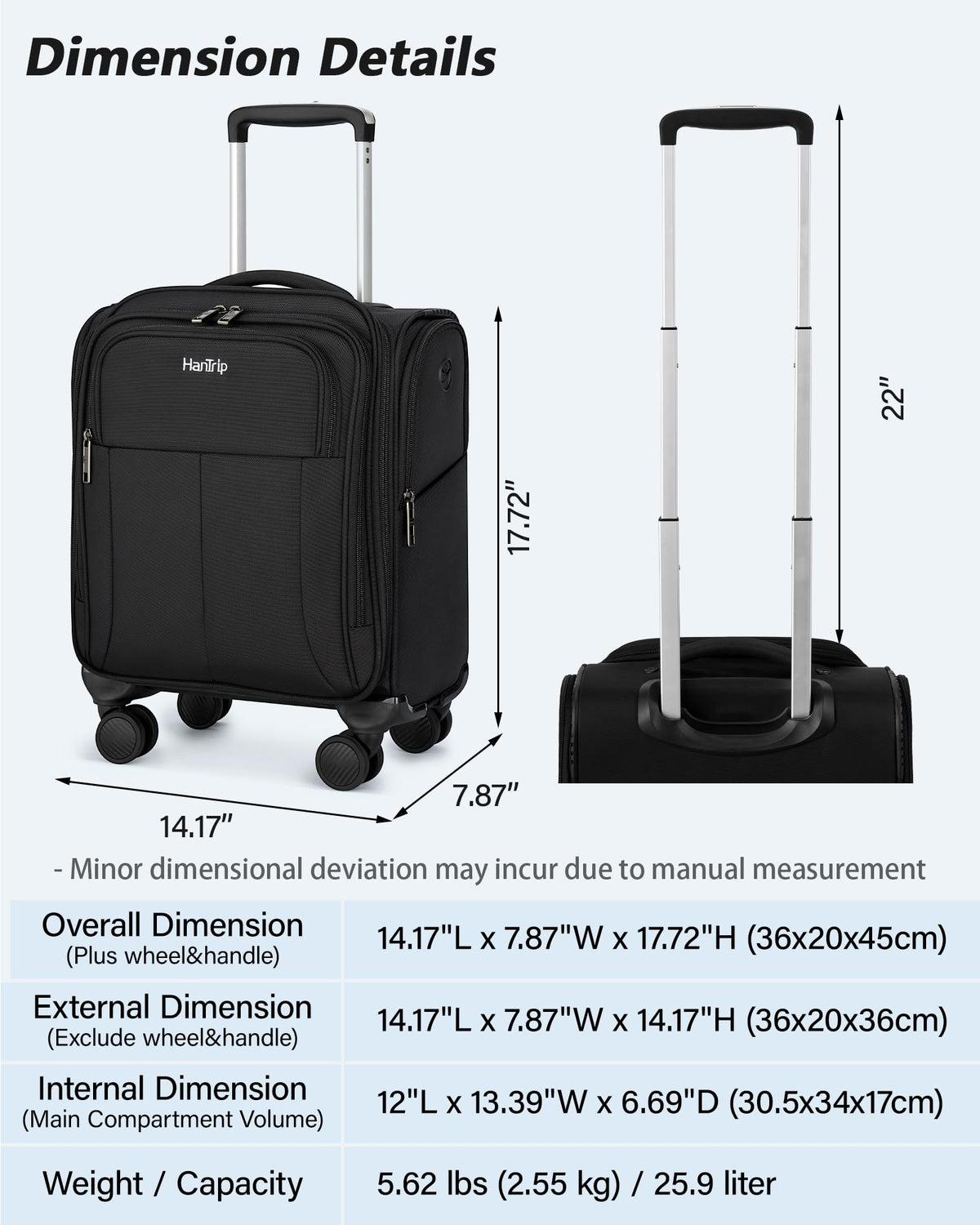 16 Inch Underseat Carry On Luggage with Spinner Wheels, Black T2657