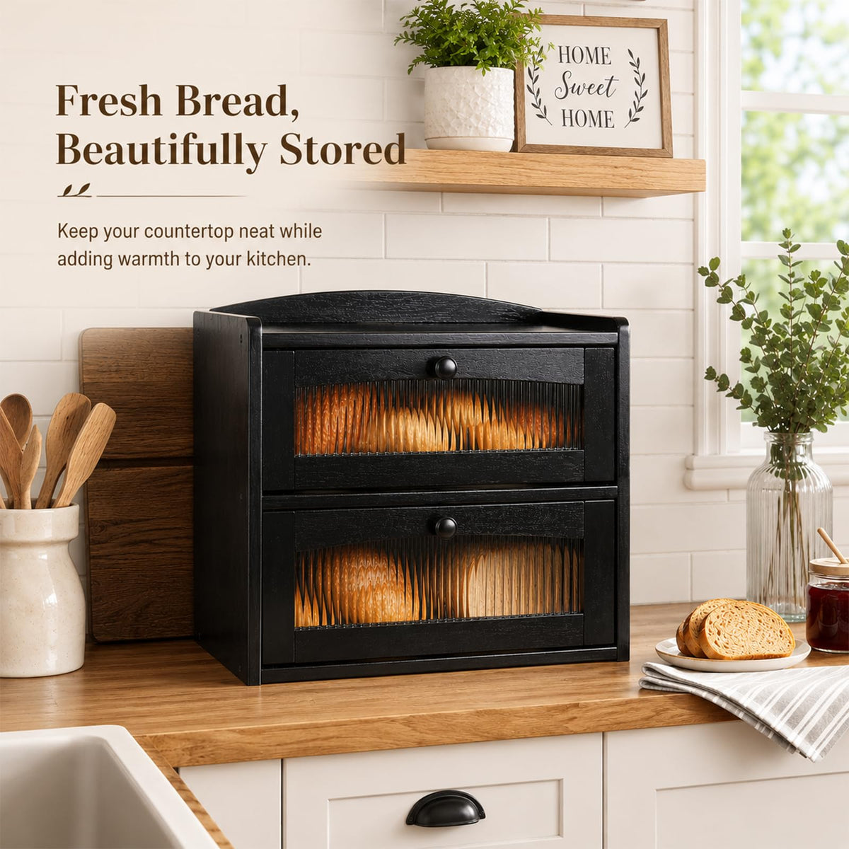 Wooden 2-Tier Bread Box with Window I7220