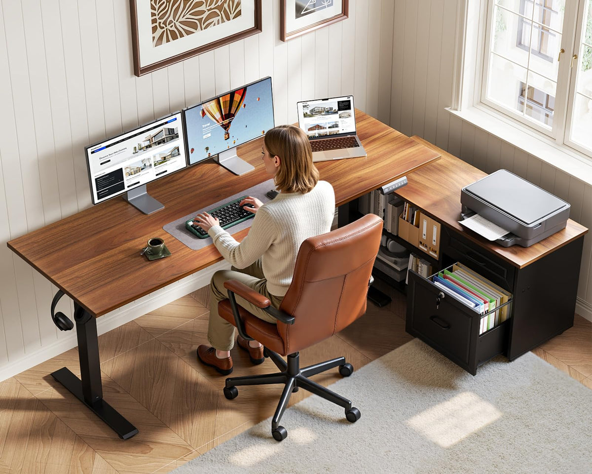 55" L Shaped Electric Standing Desk with Cabinet Sets I387489
