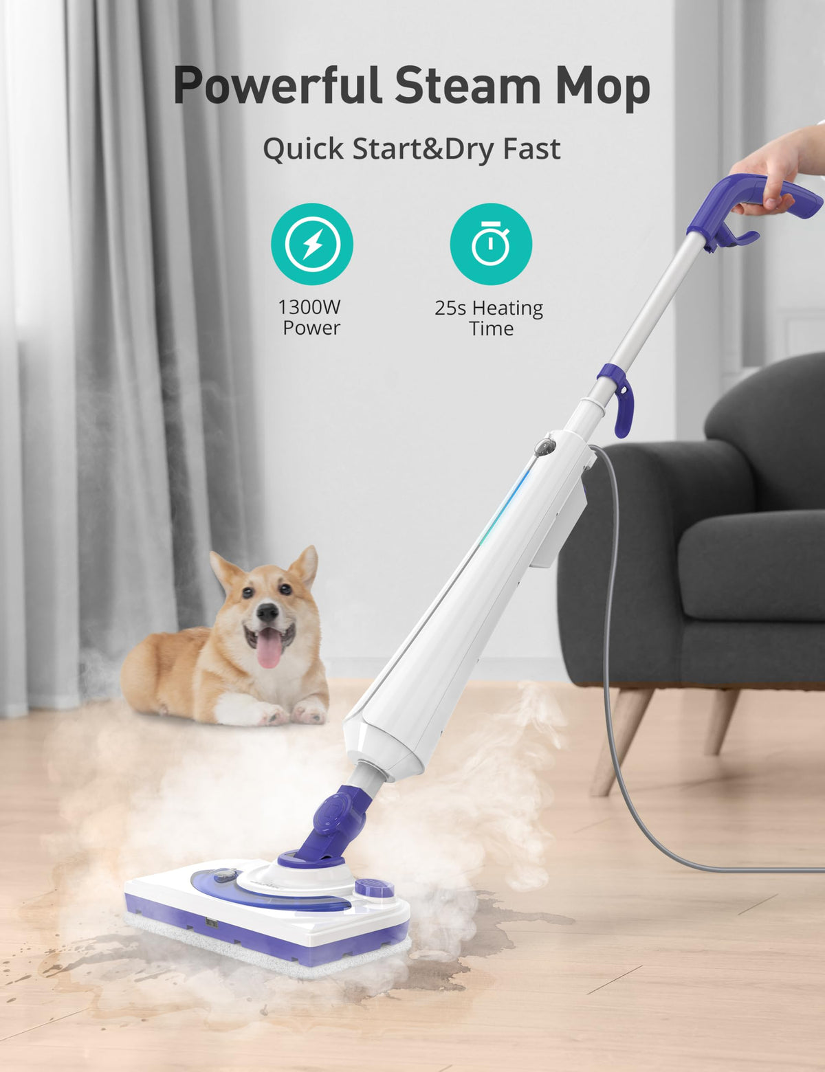 1300W Steam Mop Cleaner with 2 Washable Pads V647