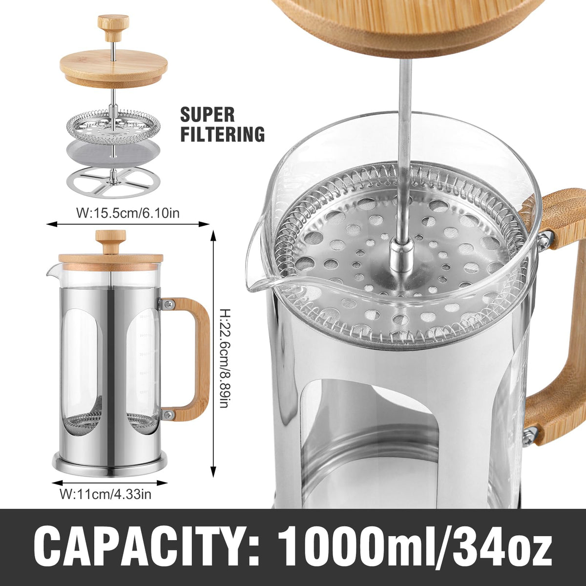 34 oz Borosilicate Glass French Press Coffee Maker Y725186