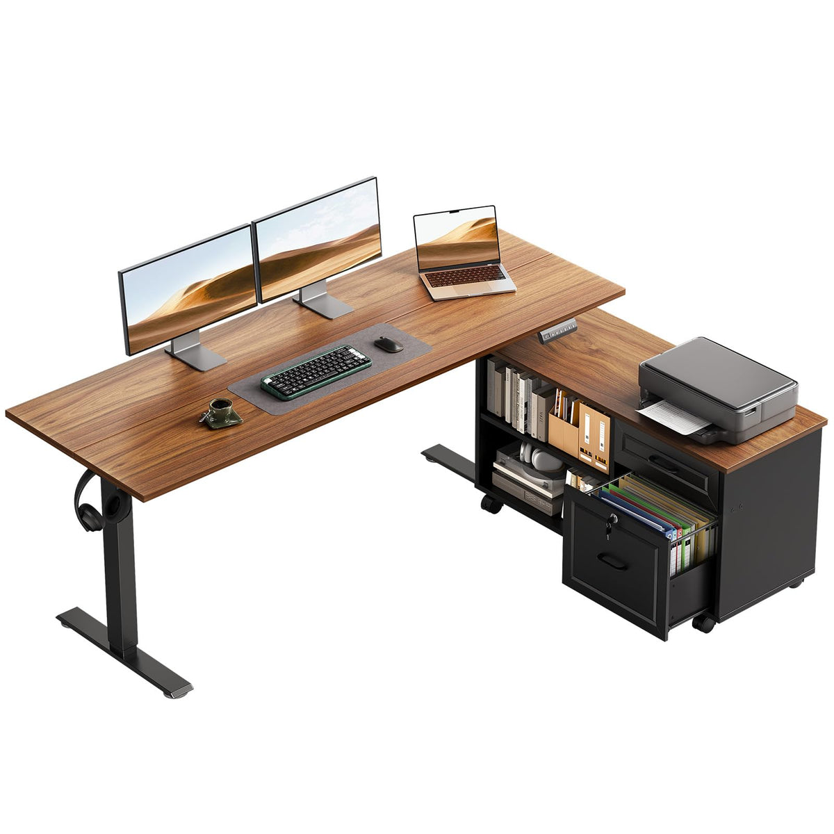 55" L Shaped Electric Standing Desk with Cabinet Sets I387489