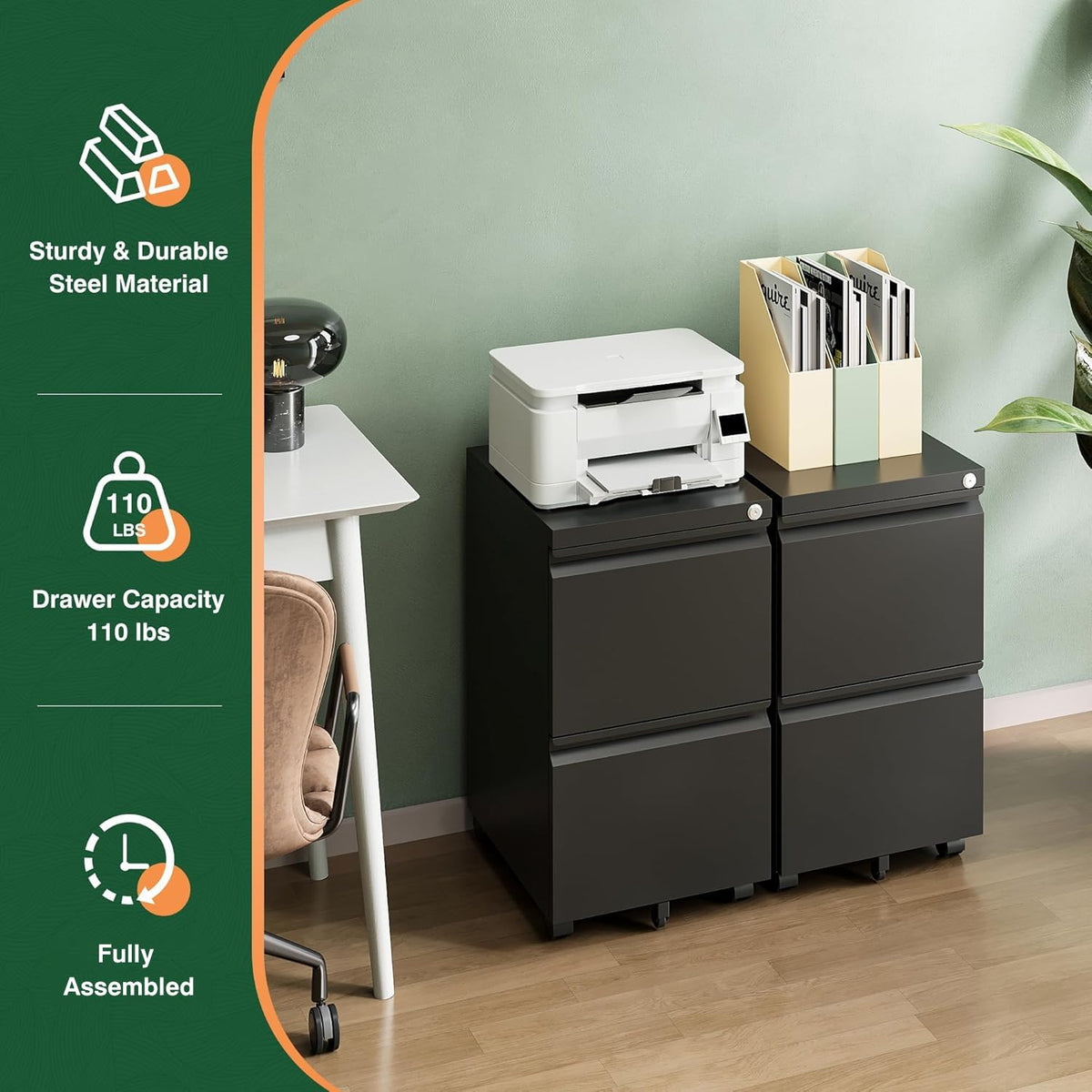 2 Drawer Black Metal Mobile File Cabinet with Lock F21901