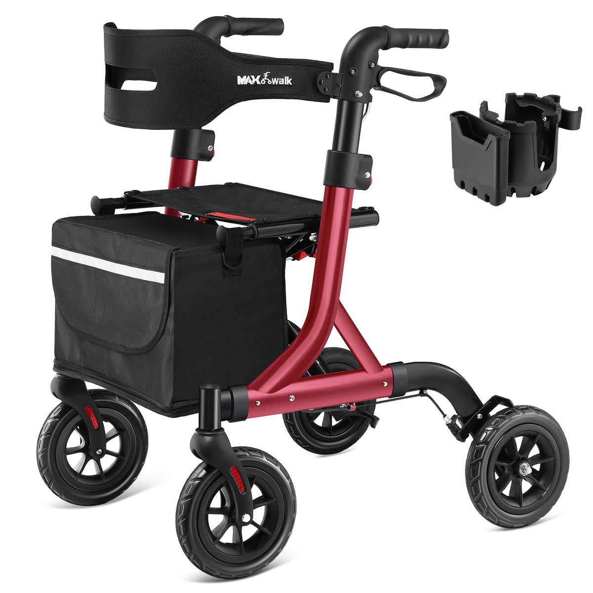Red Foldable Rollator Walker with Seat, 8" Rubber Wheels and Backrest S393
