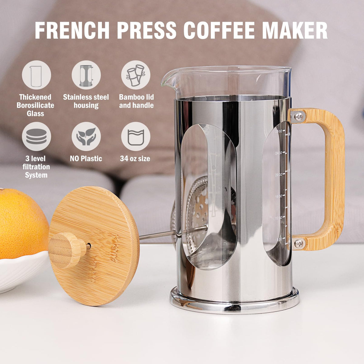 34 oz Borosilicate Glass French Press Coffee Maker Y725186