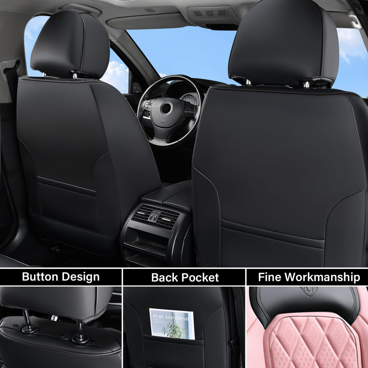 Waterproof Faux Leather Pink & Black Car Seat Covers Full Set B9657