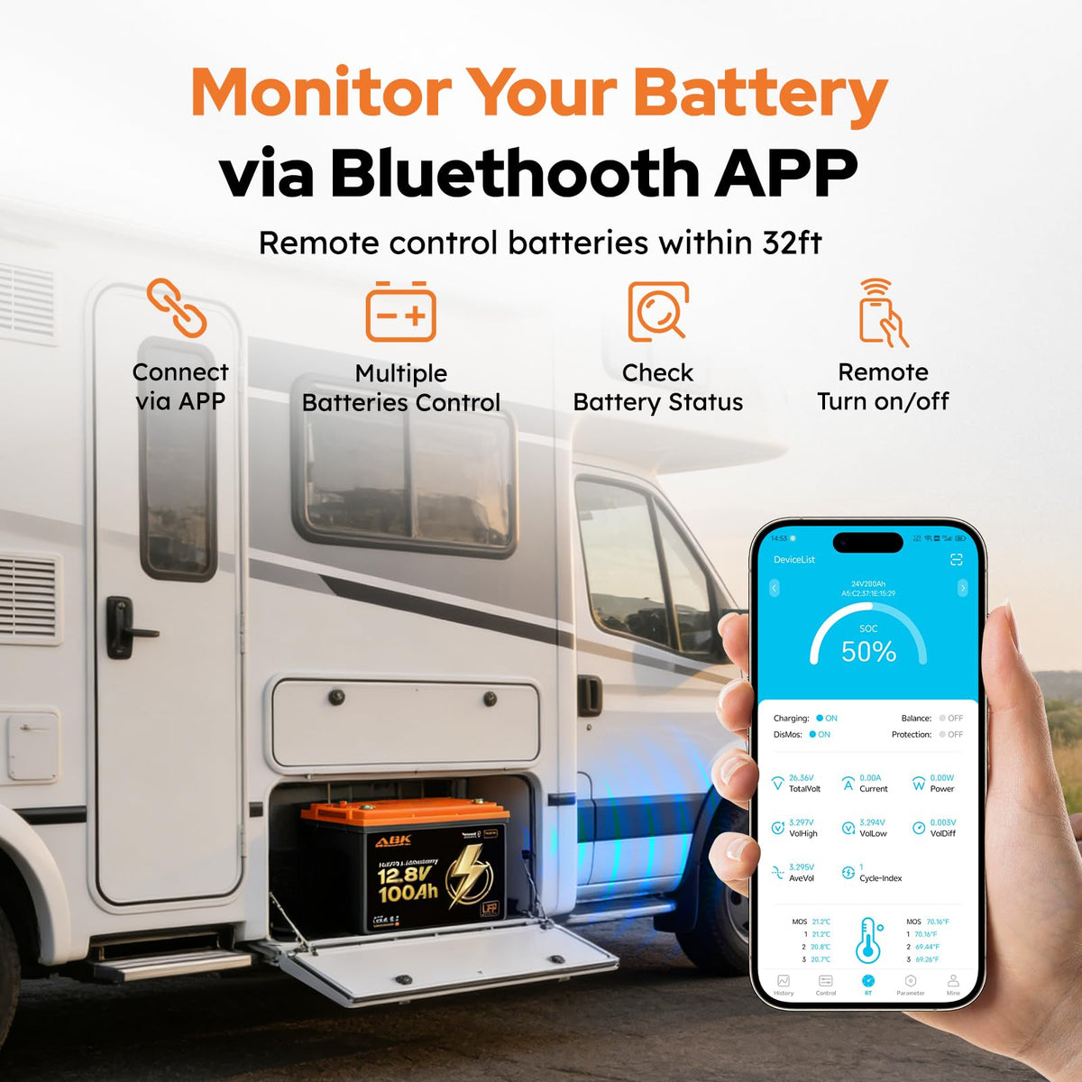 12V 100Ah LiFePO4 Lithium Battery with Bluetooth Monitoring & Low-Temp Protection V156