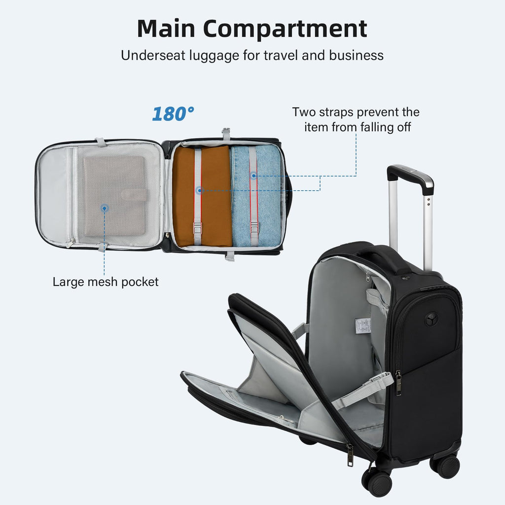 16 Inch Underseat Carry On Luggage with Spinner Wheels, Black T2657