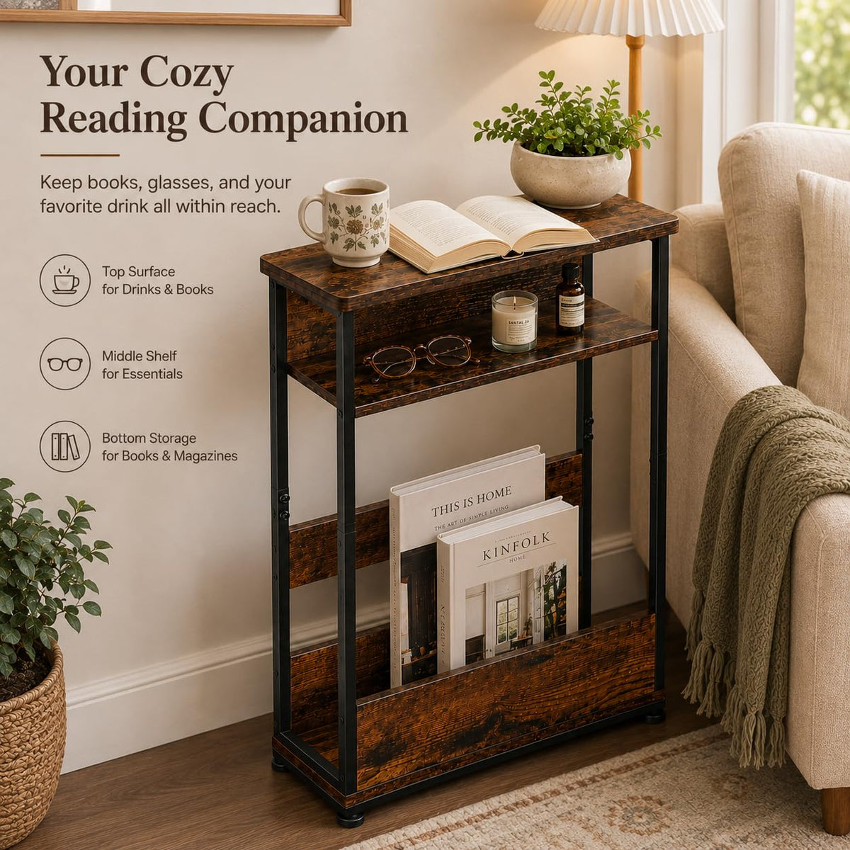 Narrow 3-Tier Side Table with Storage Shelf J855