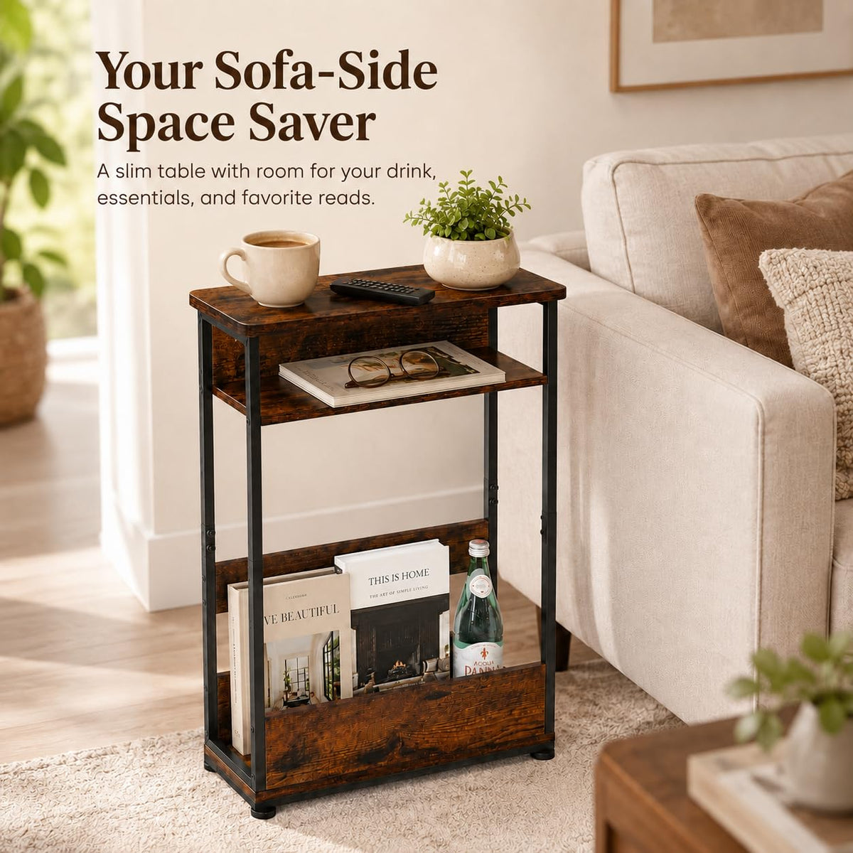 Narrow 3-Tier Side Table with Storage Shelf J855