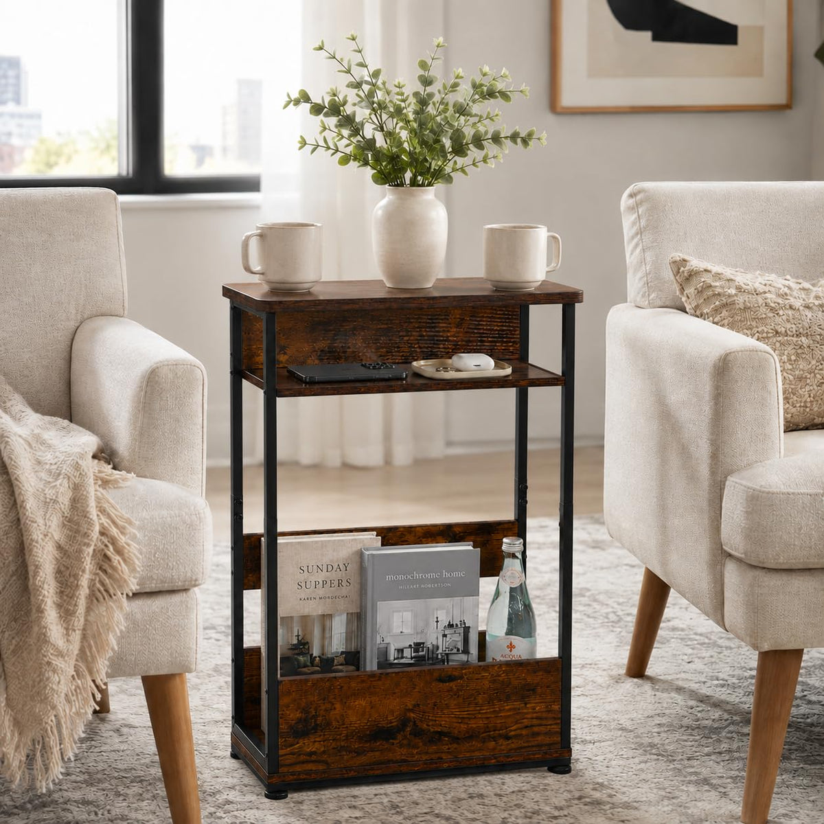 Narrow 3-Tier Side Table with Storage Shelf J855