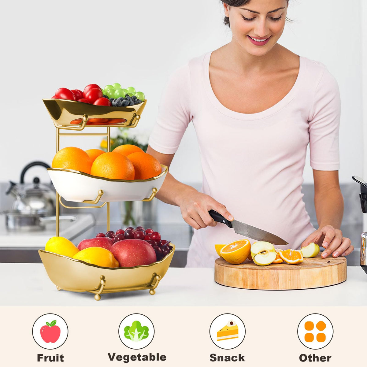 3 Tier Ceramic Fruit Bowl with Metal Stand J31120