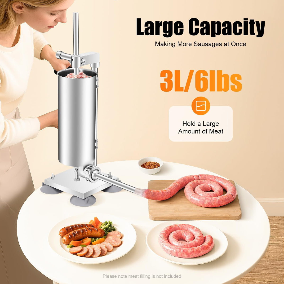6Lbs Stainless Steel Vertical Sausage Stuffer with 6 Tubes U5932
