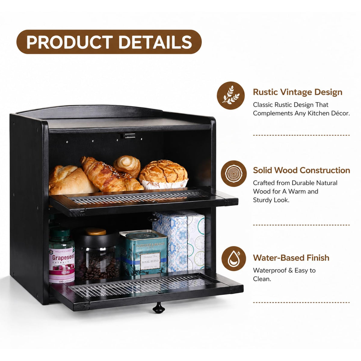 Wooden 2-Tier Bread Box with Window I7220