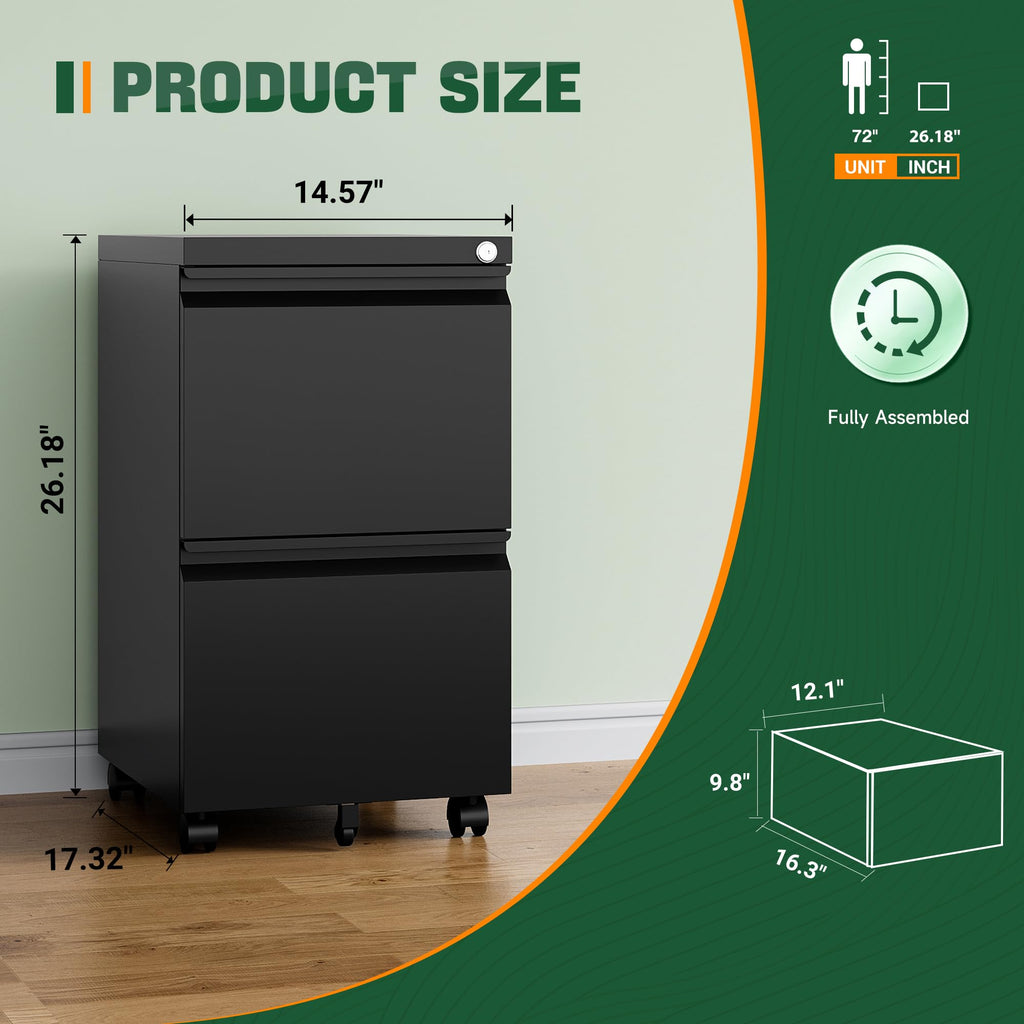 2 Drawer Black Metal Mobile File Cabinet with Lock F21901