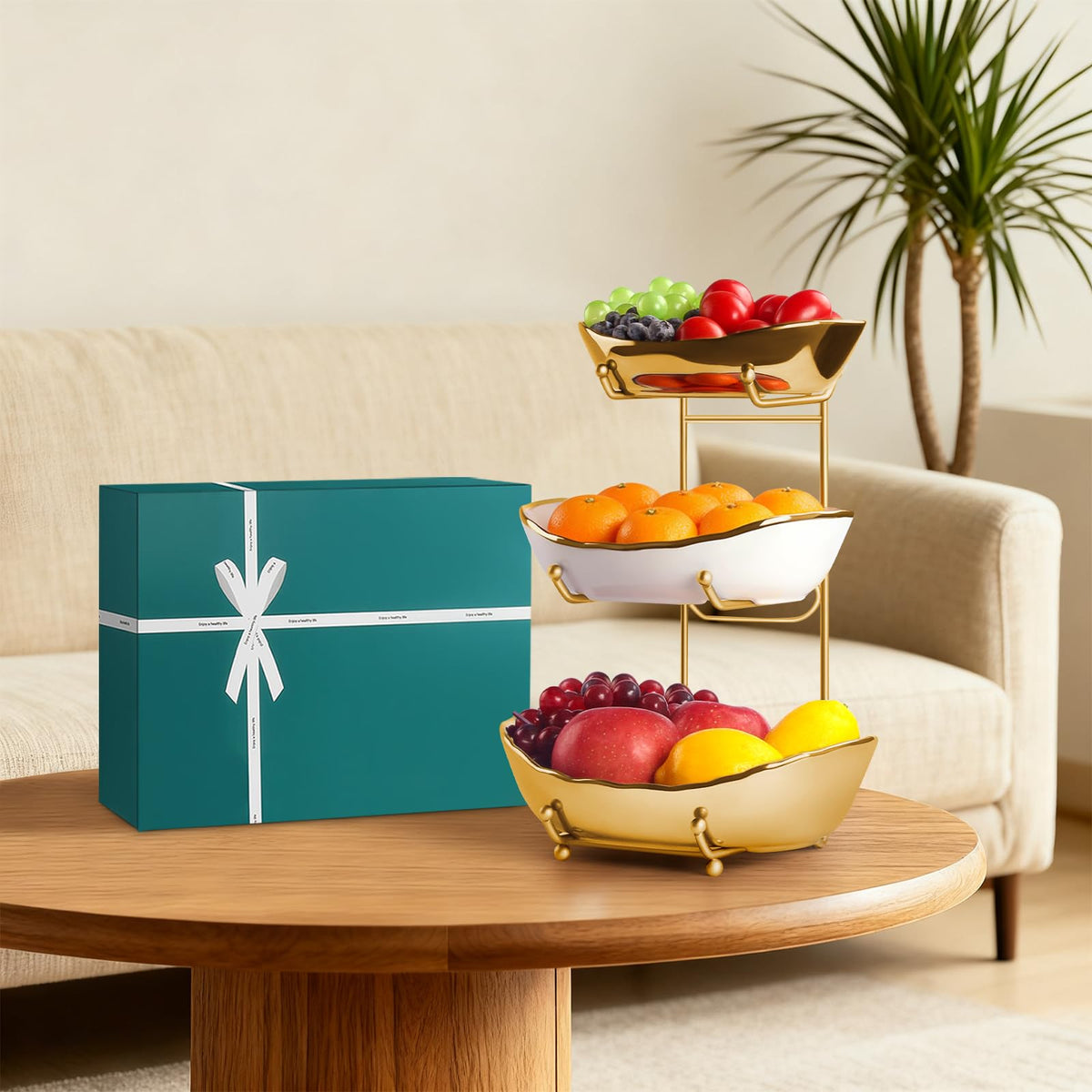 3 Tier Ceramic Fruit Bowl with Metal Stand J31120