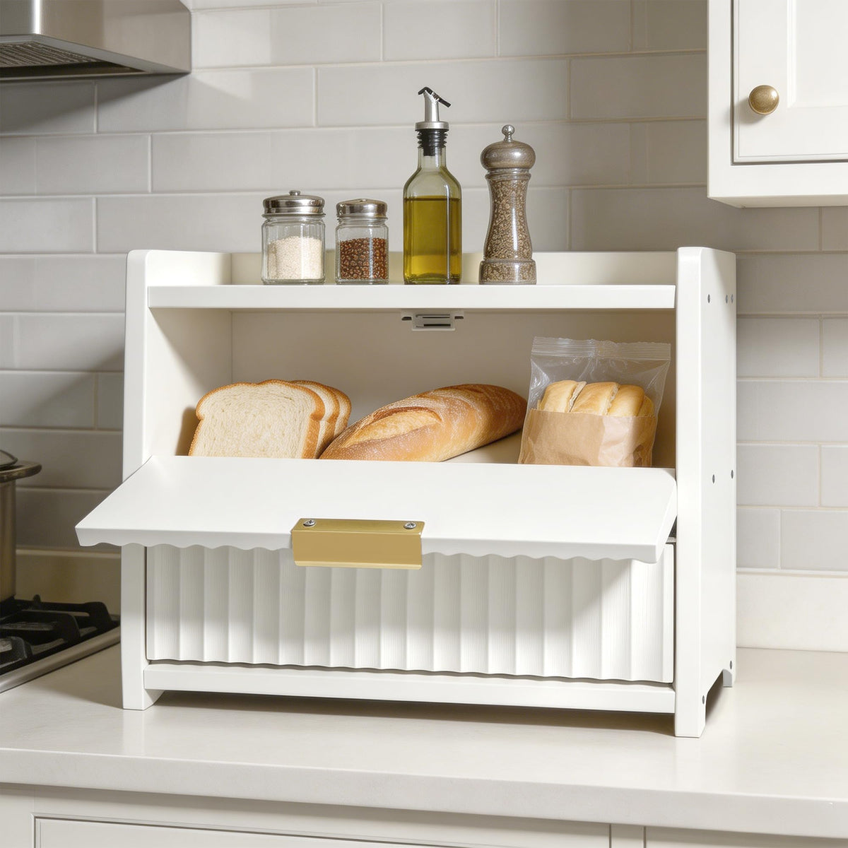 White Double Layer Wooden Bread Box Q815