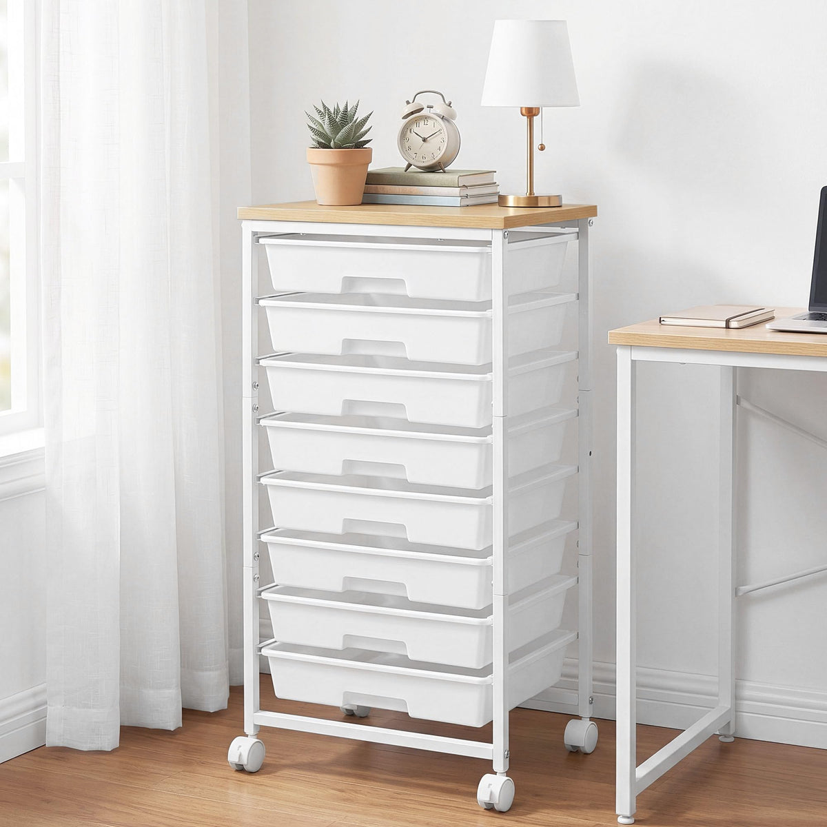 8 Drawer Rolling Storage Cart with Wooden Tabletop K46863