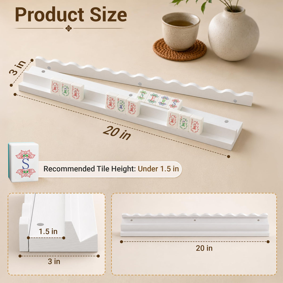 White Scalloped Wooden Mahjong Racks with Pushers Set of 4 T664432