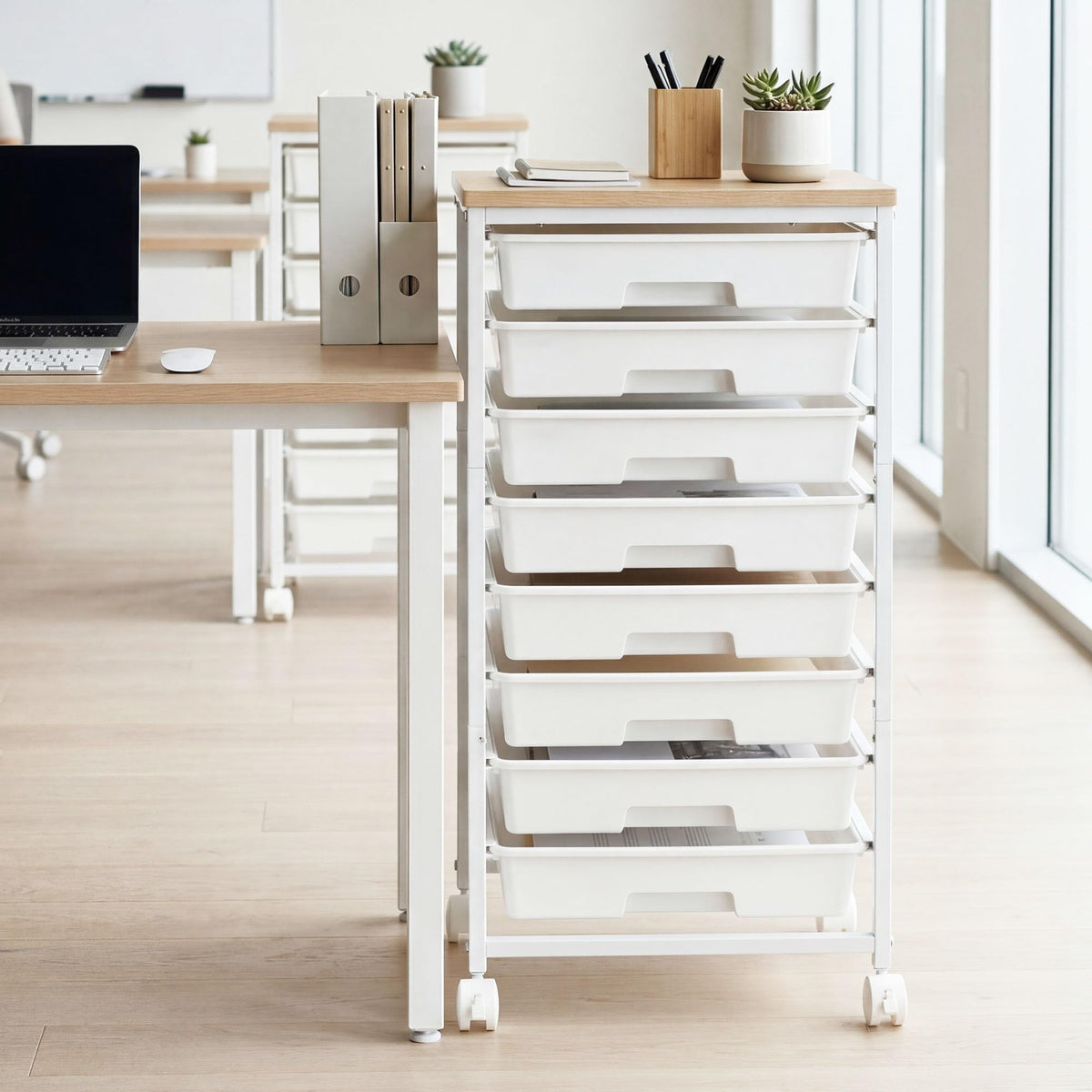 8 Drawer Rolling Storage Cart with Wooden Tabletop K46863