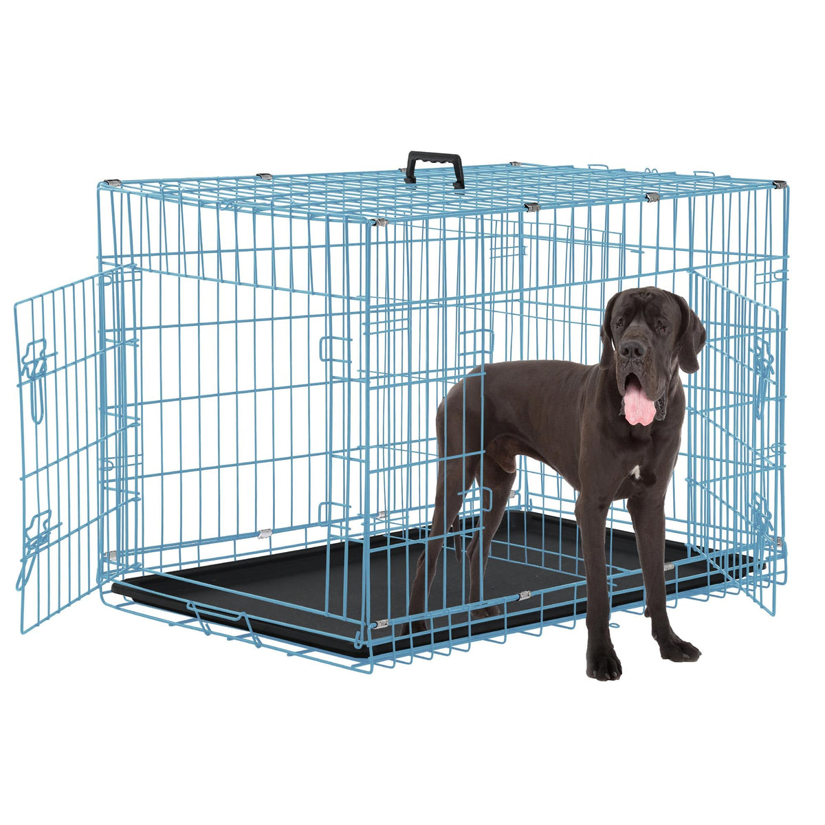 48 Inch Double-Door Folding Dog Crate with Tray and Handle H65472