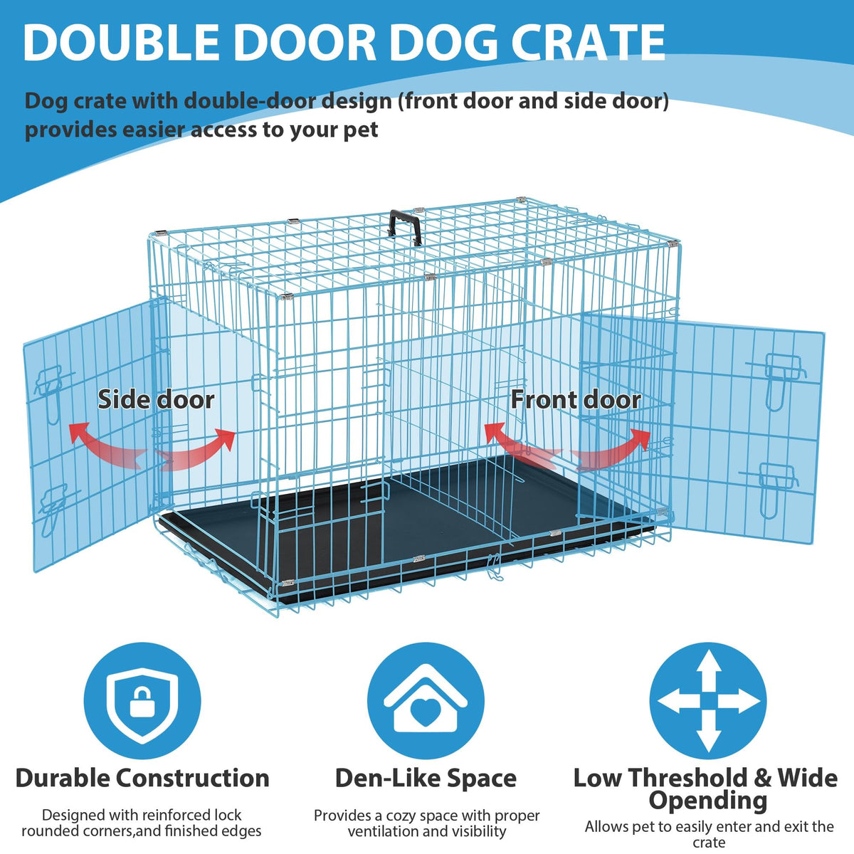 48 Inch Double-Door Folding Dog Crate with Tray and Handle H65472