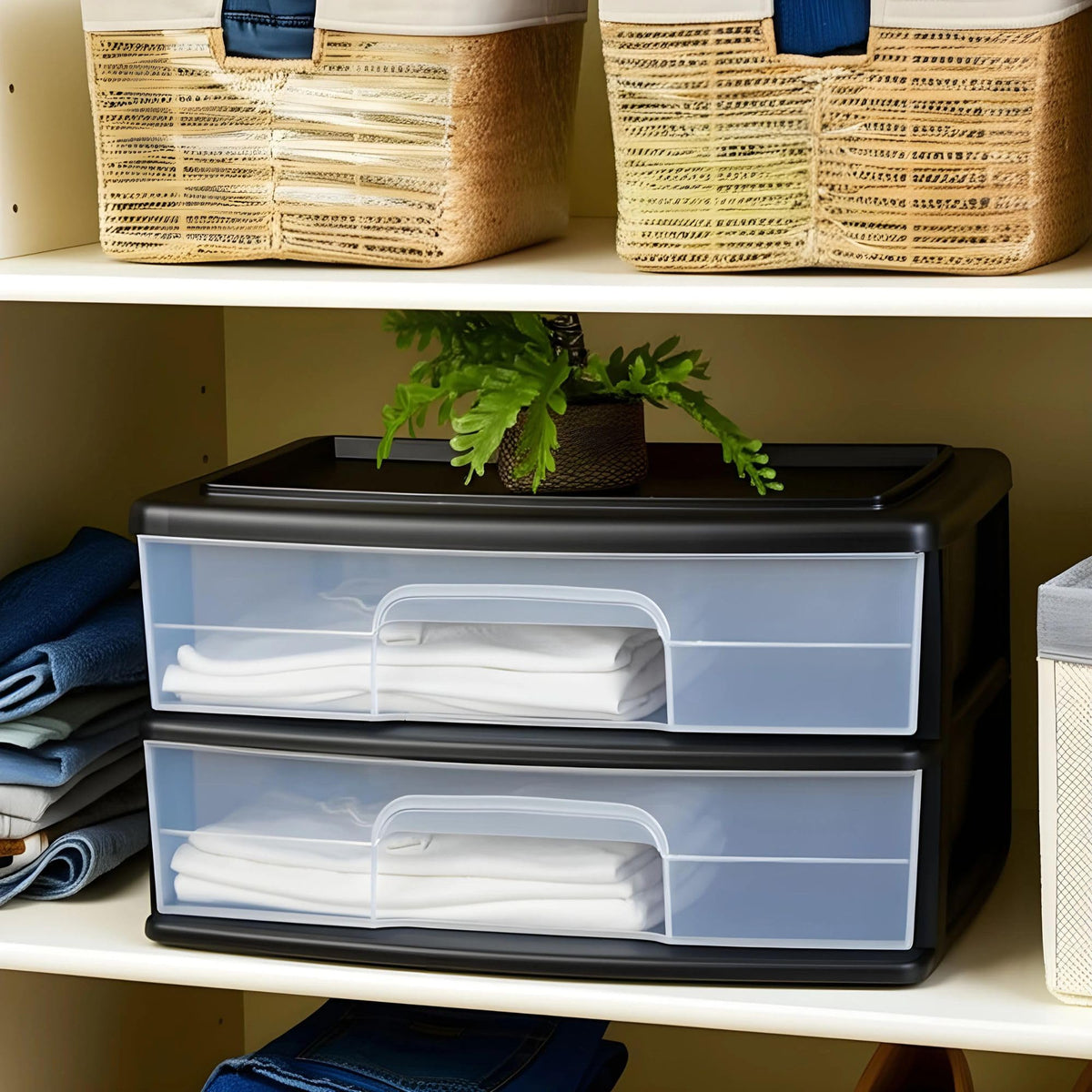 2-Tier Black Storage Drawer Tower, 2 Pack A983692