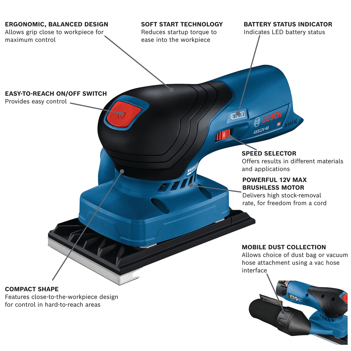 12V Brushless Orbital Finishing Sander with Dust Bag I332