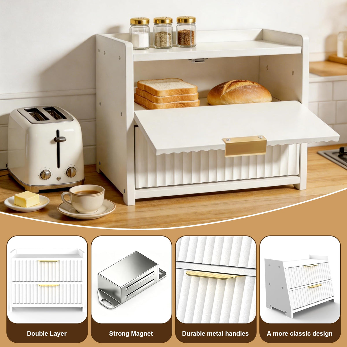 White Double Layer Wooden Bread Box Q815