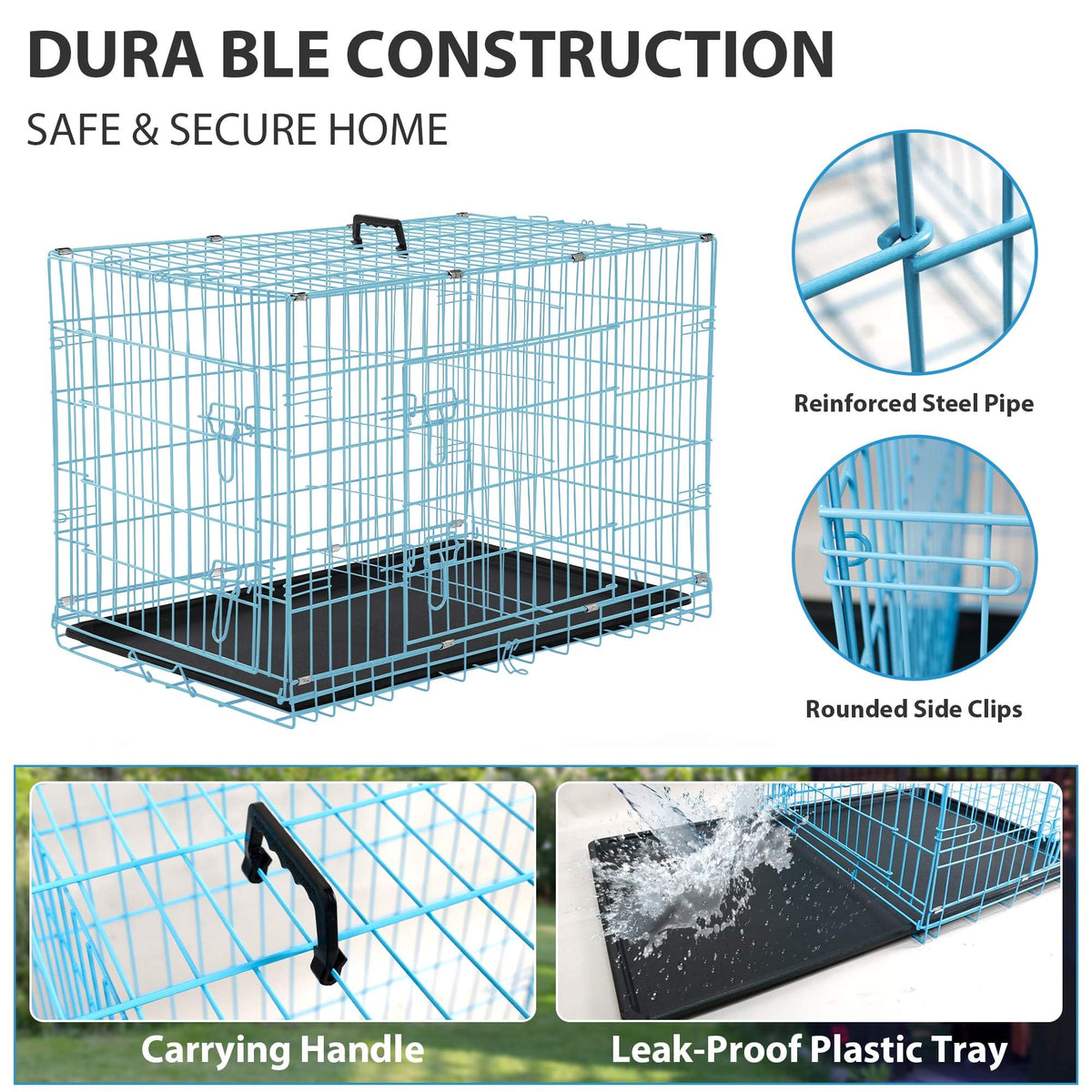 48 Inch Double-Door Folding Dog Crate with Tray and Handle H65472