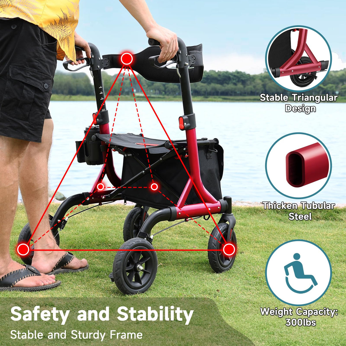 Red Foldable Rollator Walker with Seat, 8" Rubber Wheels and Backrest S393