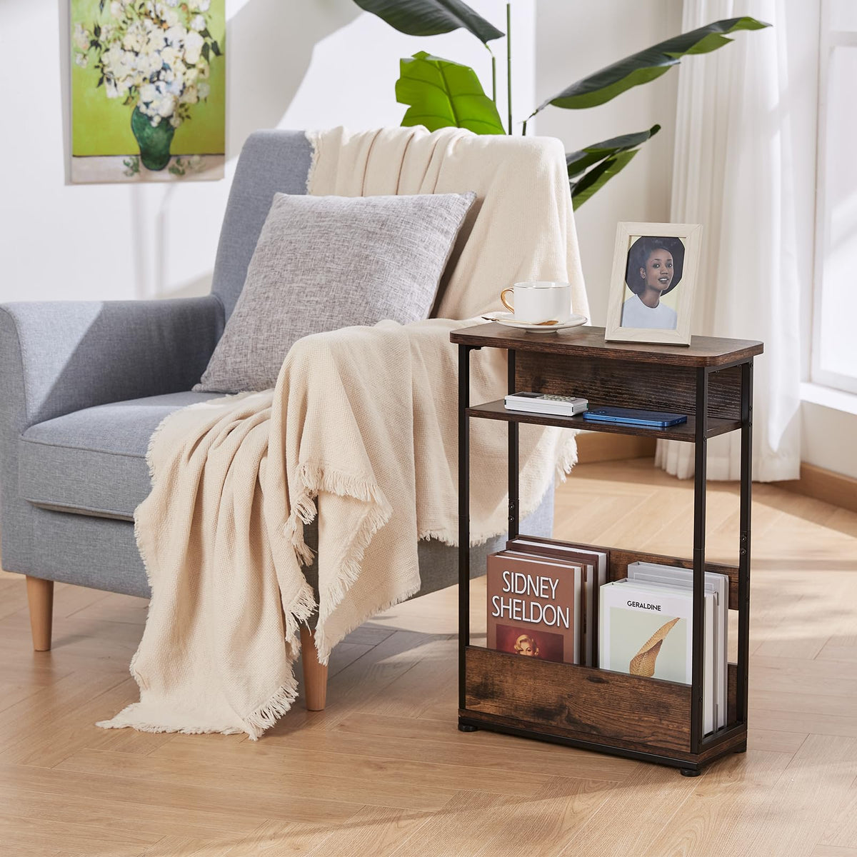 Narrow 3-Tier Side Table with Storage Shelf J855