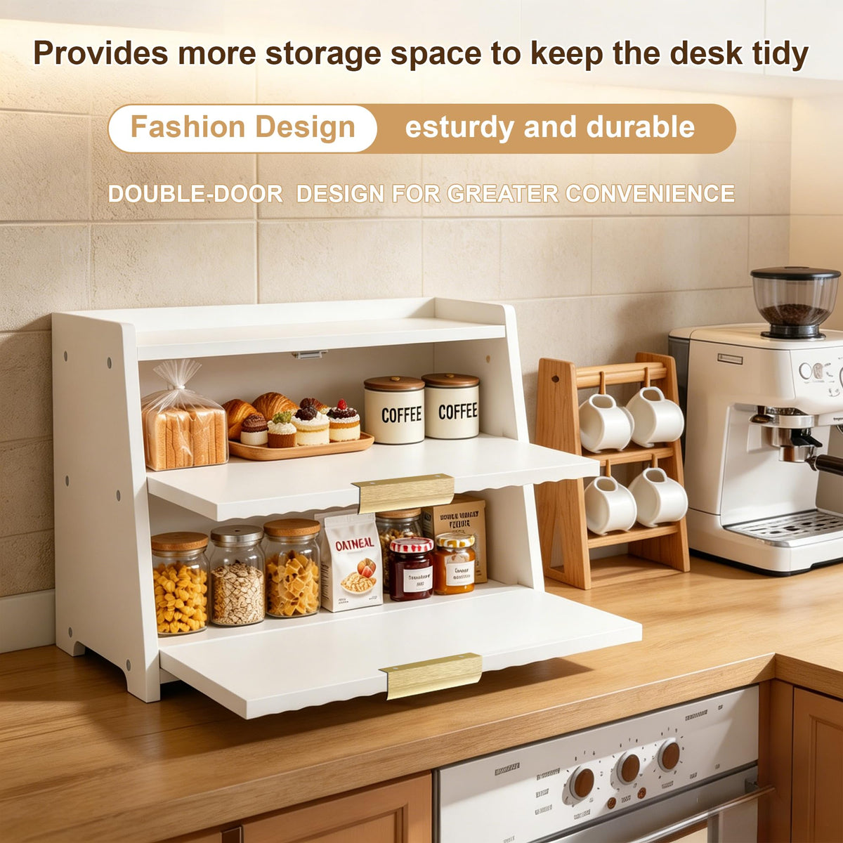 White Double Layer Wooden Bread Box Q815