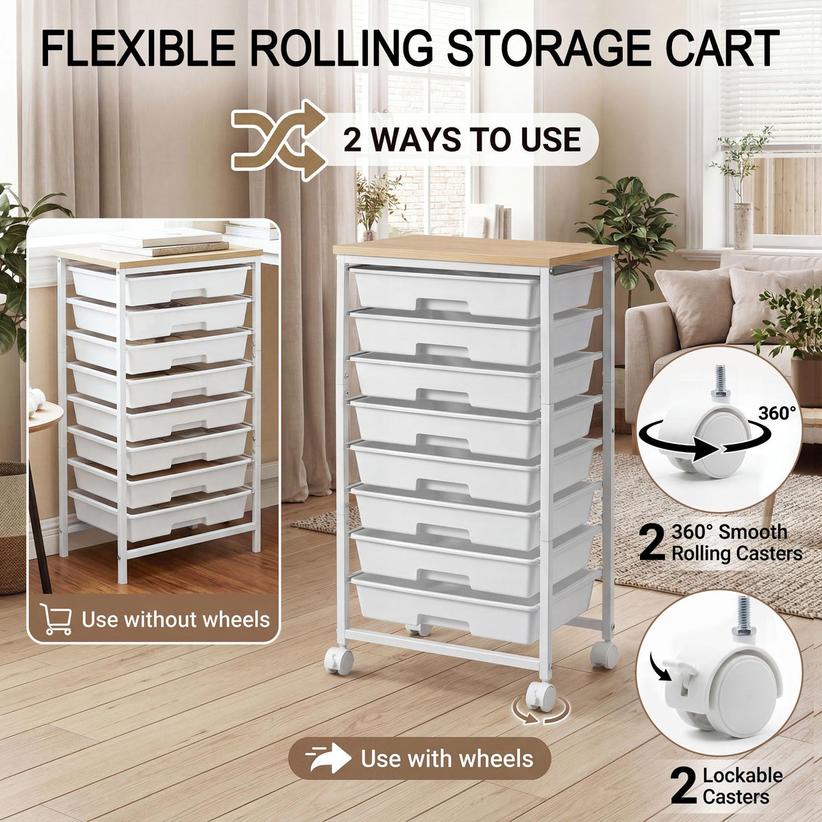 8 Drawer Rolling Storage Cart with Wooden Tabletop K46863