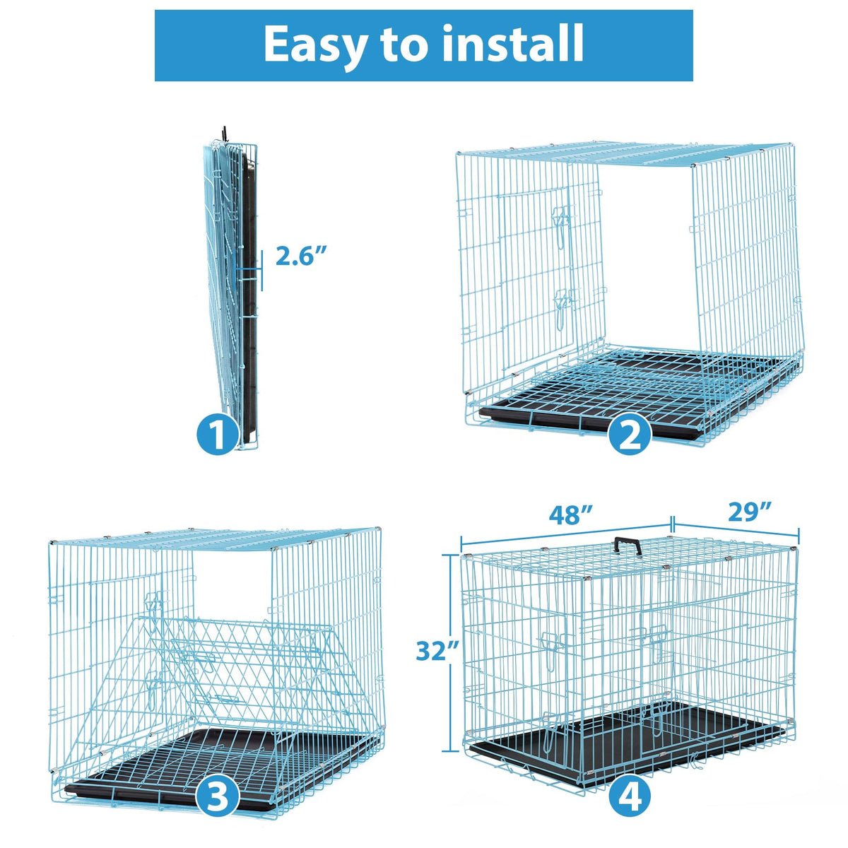 48 Inch Double-Door Folding Dog Crate with Tray and Handle H65472