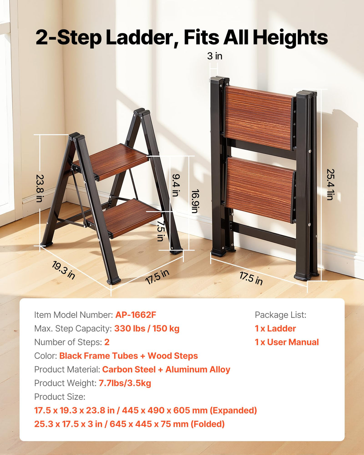 2 Step Folding Aluminum Ladder 330 lbs Capacity R219