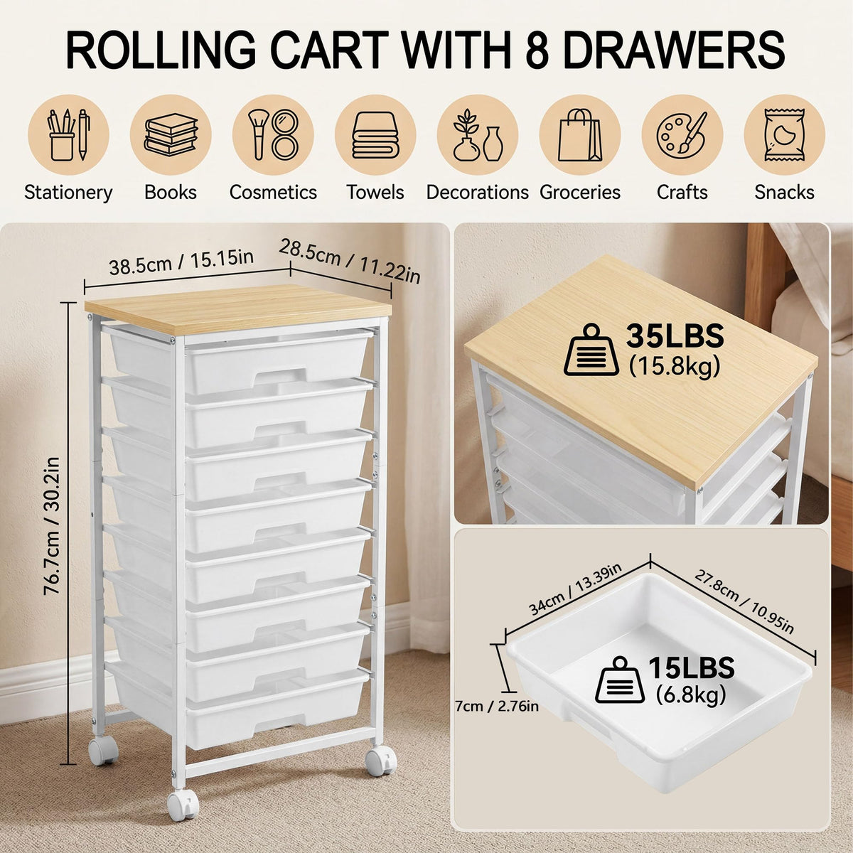8 Drawer Rolling Storage Cart with Wooden Tabletop K46863
