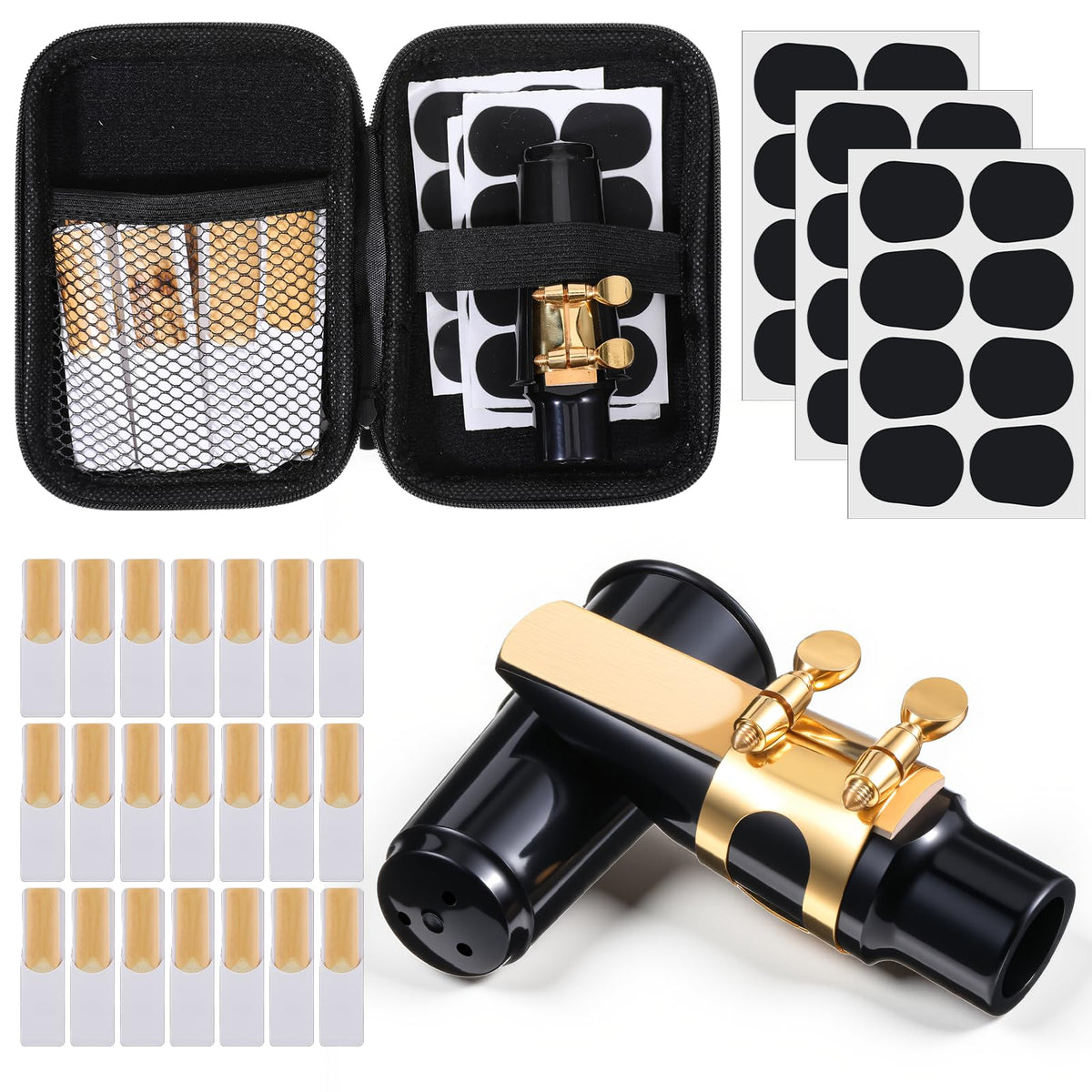 Alto Saxophone Mouthpiece Kit with Ligature, Cap, 21 Reeds, Pads and Storage Case Y43735