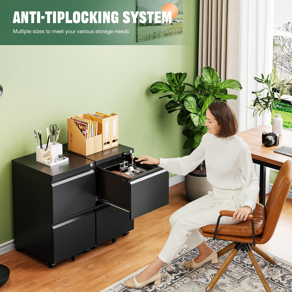 2 Drawer Black Metal Mobile File Cabinet with Lock F21901