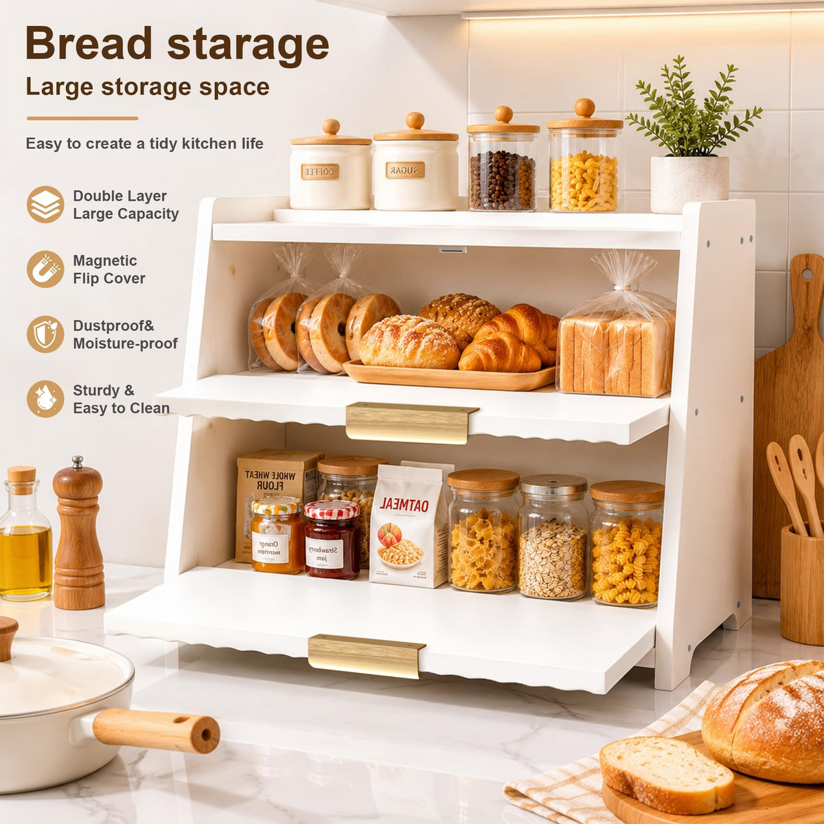 White Double Layer Wooden Bread Box Q815