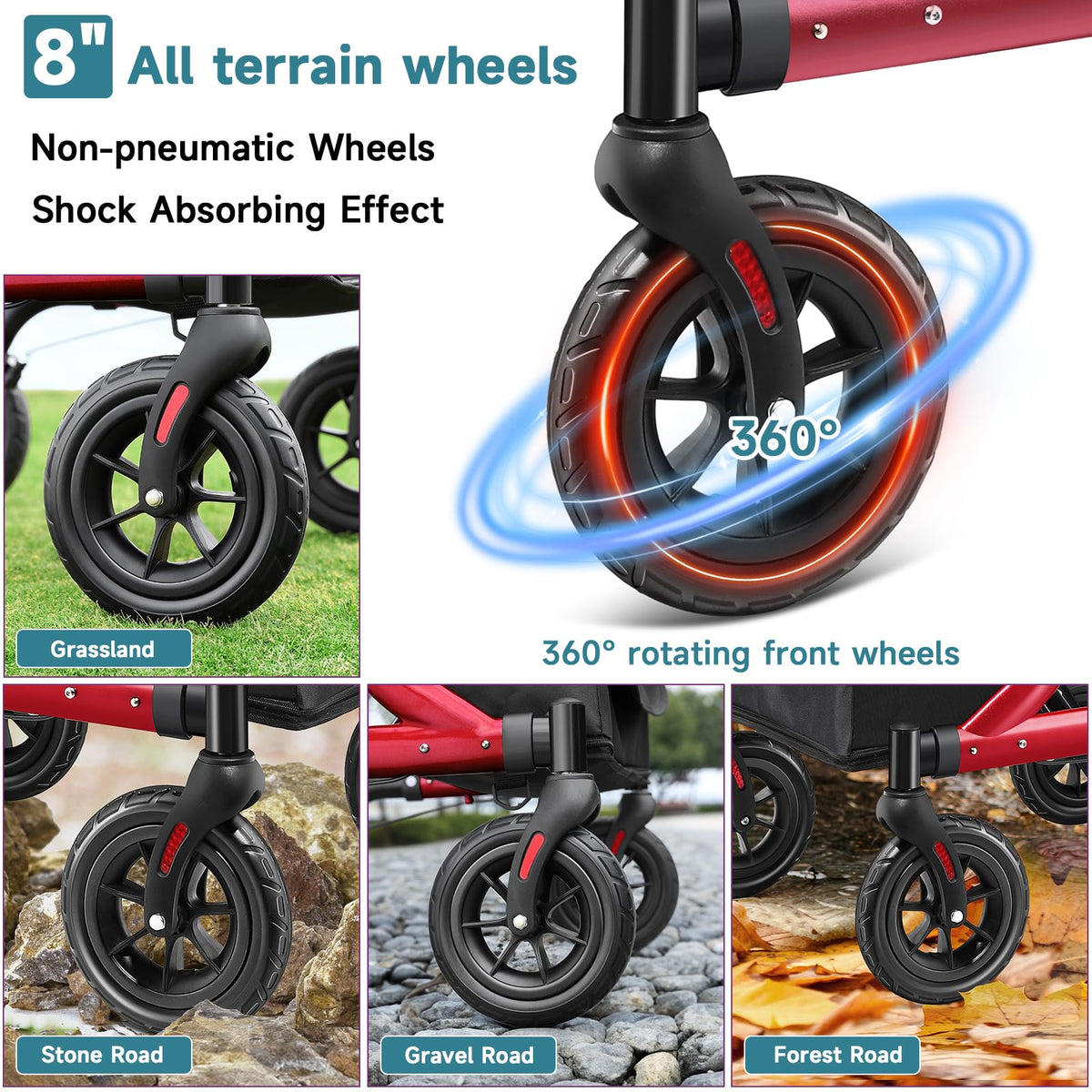 Red Foldable Rollator Walker with Seat, 8" Rubber Wheels and Backrest S393