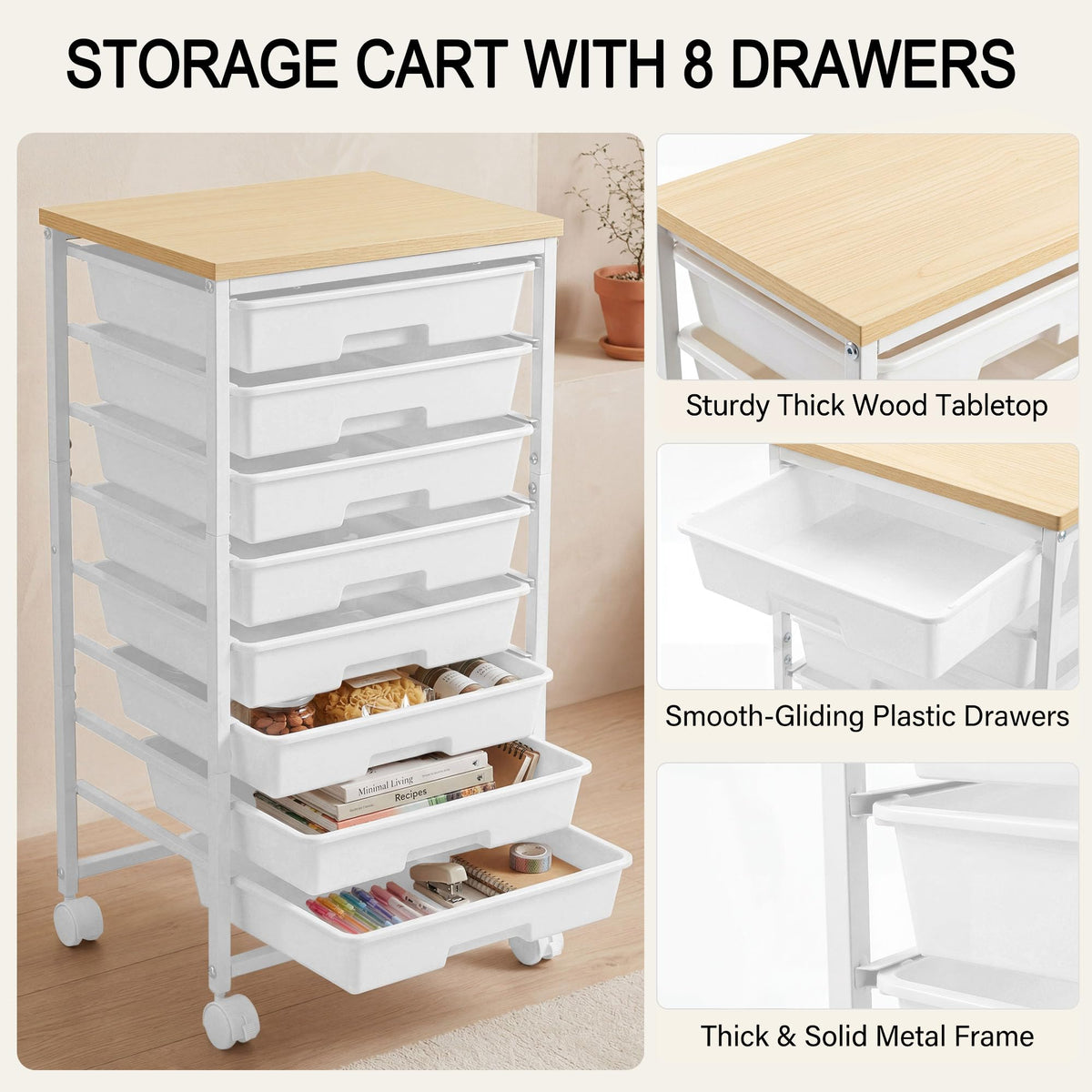 8 Drawer Rolling Storage Cart with Wooden Tabletop K46863
