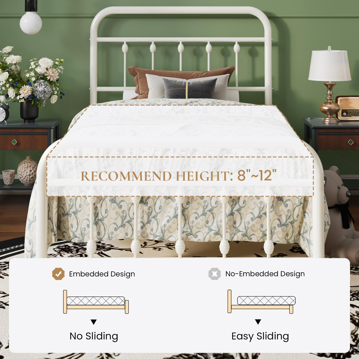 Twin Metal Bed Frame with Victorian Iron-Art Headboard T89137