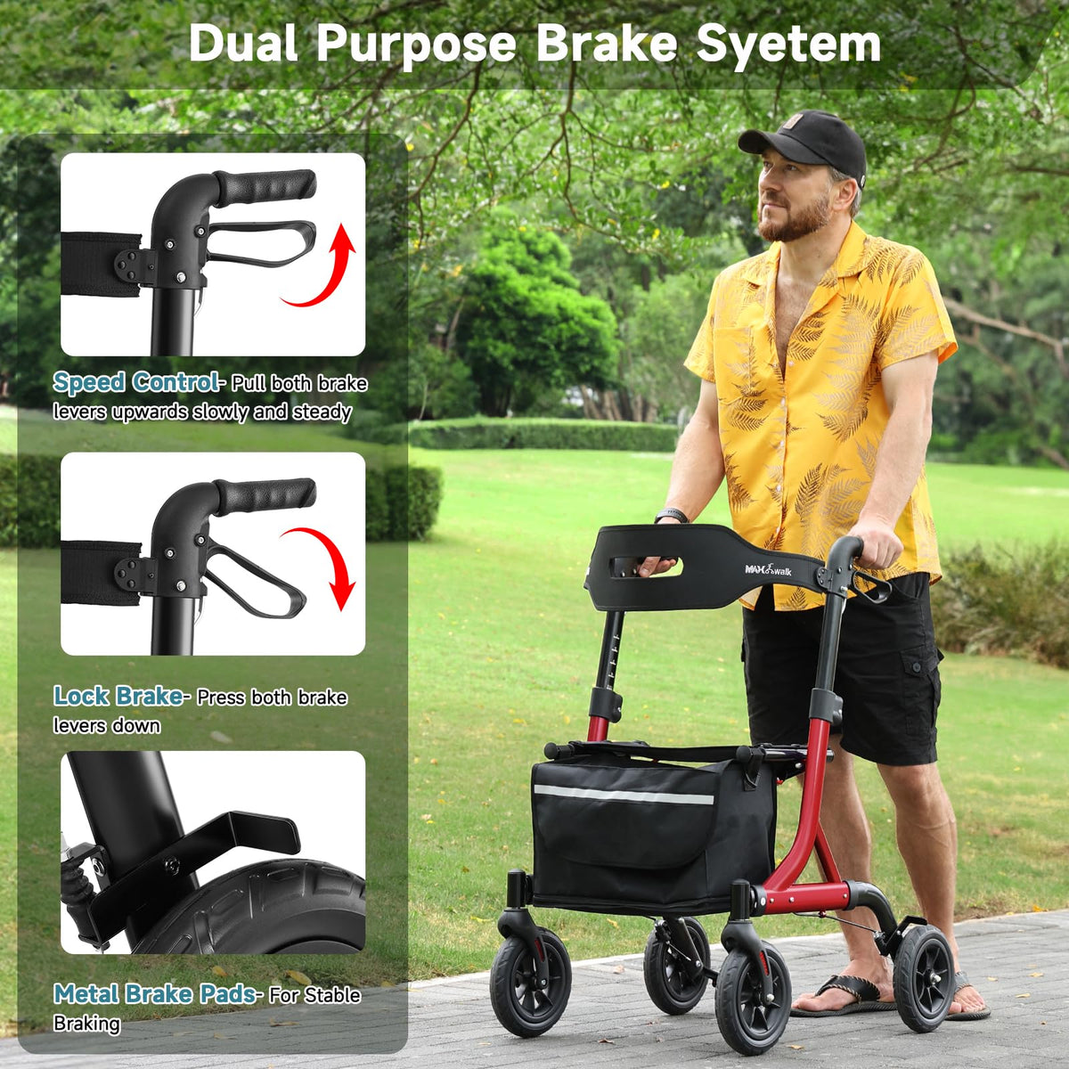 Red Foldable Rollator Walker with Seat, 8" Rubber Wheels and Backrest S393