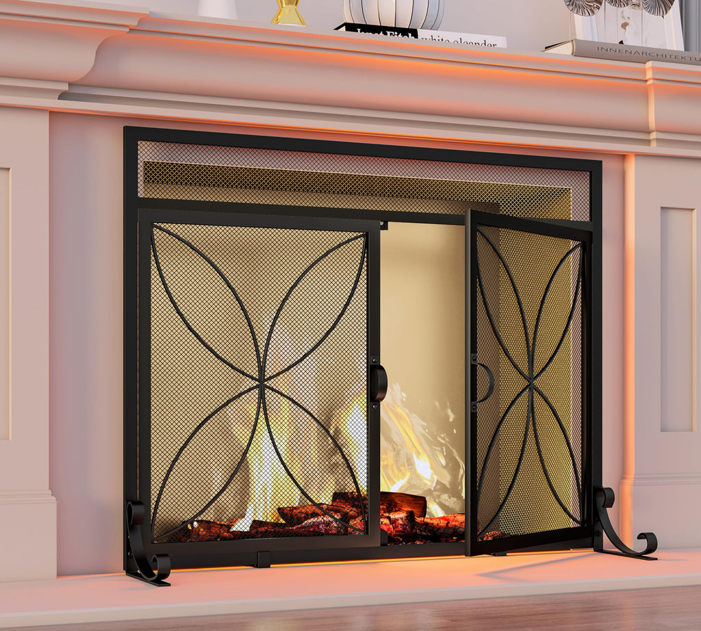 Black Metal Fireplace Screen Magnetic Doors P5102