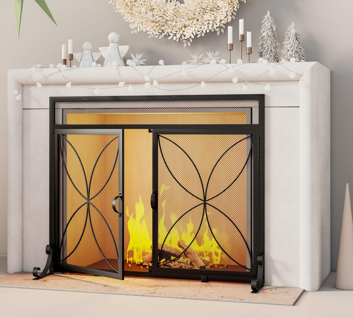 Black Metal Fireplace Screen Magnetic Doors P5102