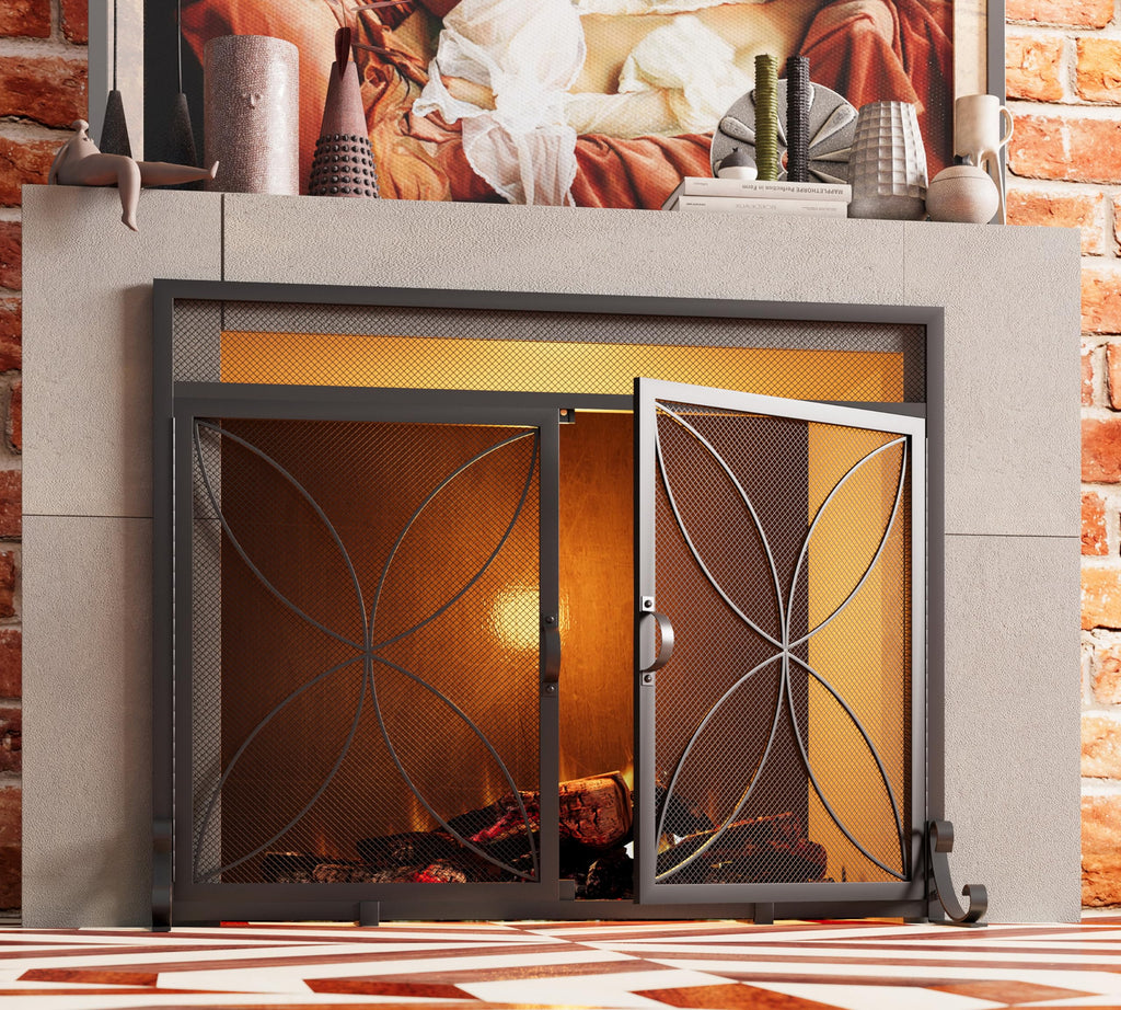Black Metal Fireplace Screen Magnetic Doors P5102